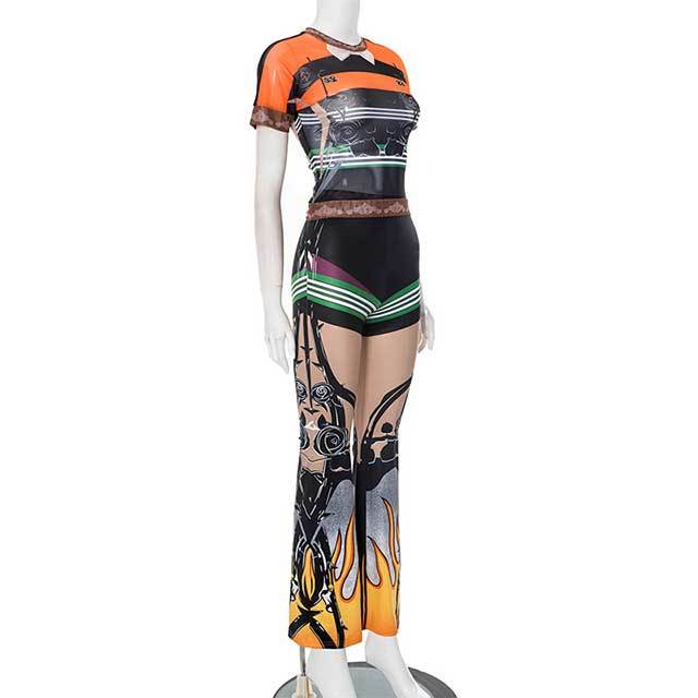 Color Block Printed Sheer Mesh Two Pieces Pant Set