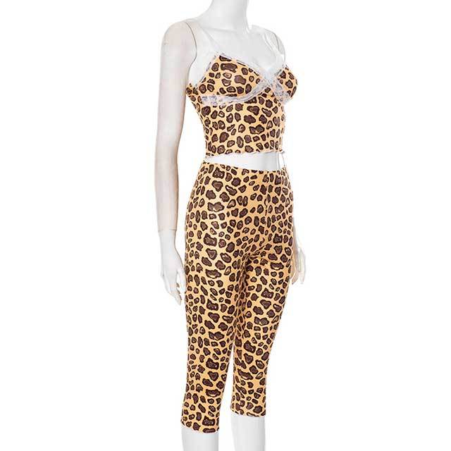 Leopard Printed Lace Patchwork Cami Top Skinny Legging Set