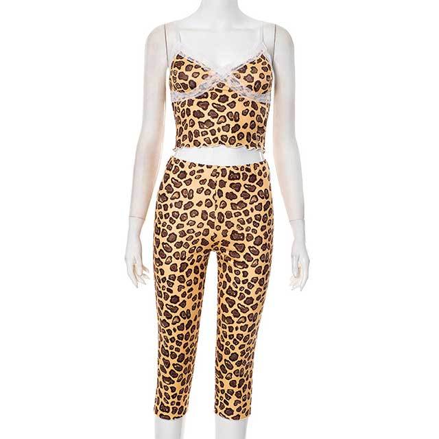 Leopard Printed Lace Patchwork Cami Top Skinny Legging Set