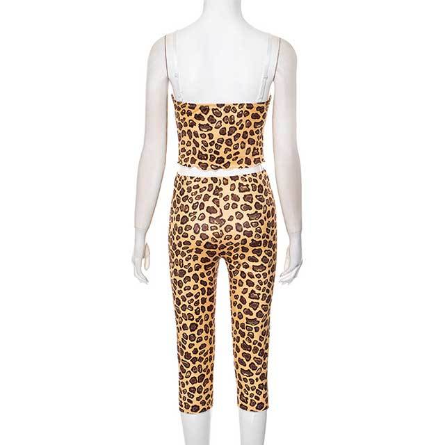 Leopard Printed Lace Patchwork Cami Top Skinny Legging Set