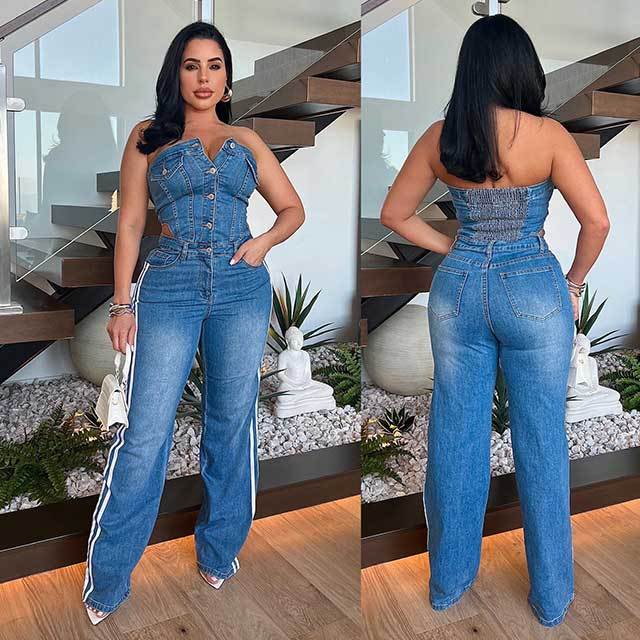 Off Shoulder Tube Top Cut Out Denim Jumpsuit