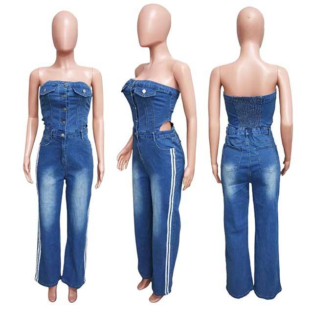 Off Shoulder Tube Top Cut Out Denim Jumpsuit