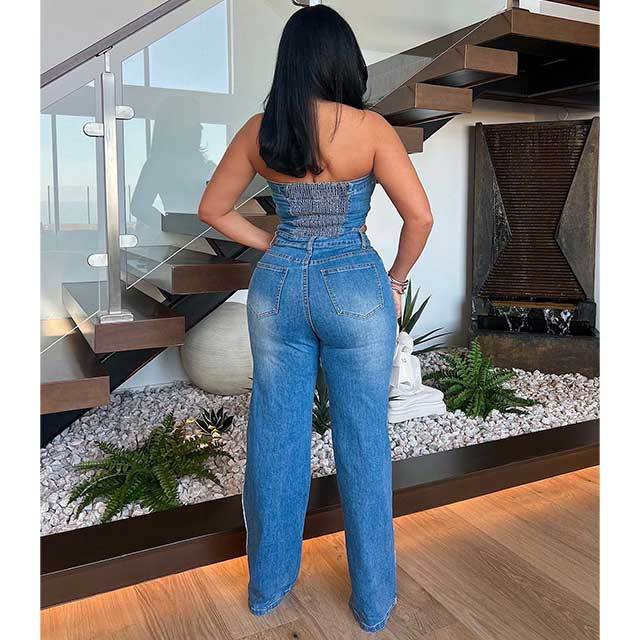 Off Shoulder Tube Top Cut Out Denim Jumpsuit