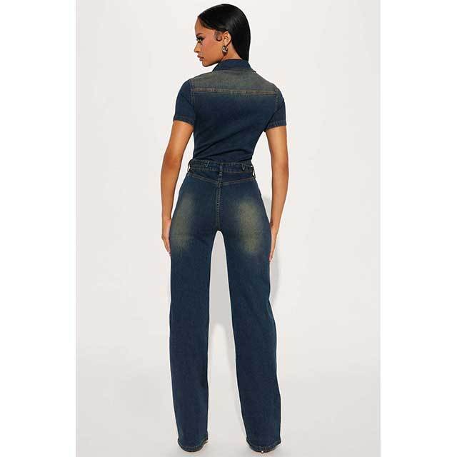 Short Sleeve Buttons Down Washed Denim Slim Jumpsuit