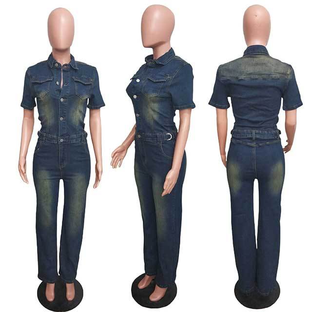 Short Sleeve Buttons Down Washed Denim Slim Jumpsuit