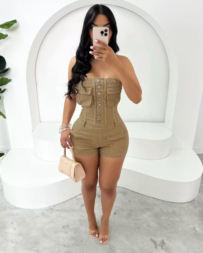 Zipper Up Backless Off Shoulder Tube Top Slim Romper