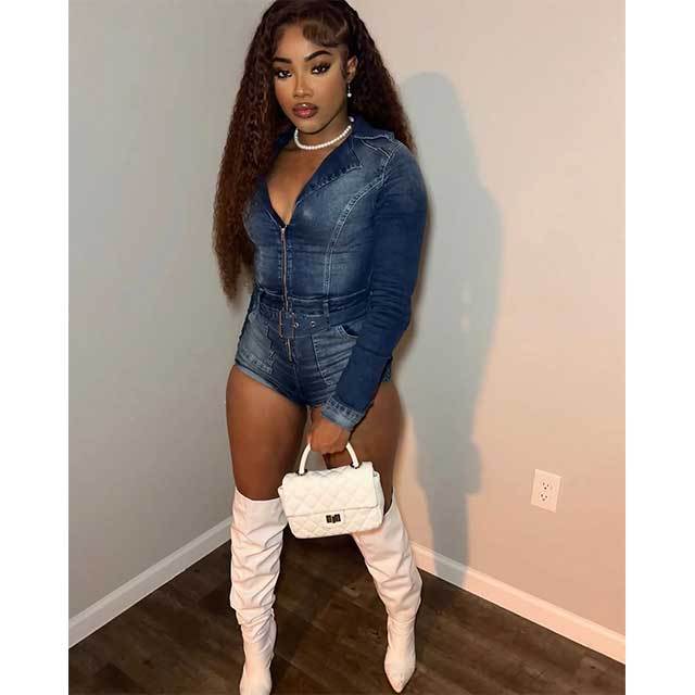 Zipper Up Belted Washed Denim Romper