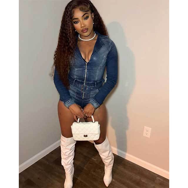Zipper Up Belted Washed Denim Romper