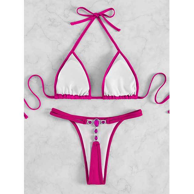 Diamond Decoration Laced Up Bikinis Set