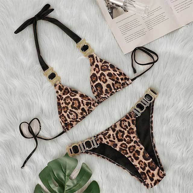 Leopard Printed Diamond Bikinis Set