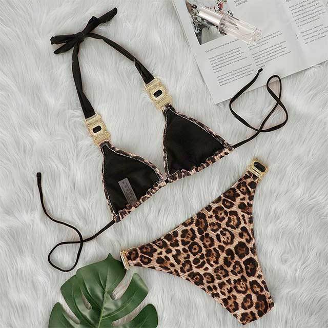Leopard Printed Diamond Bikinis Set