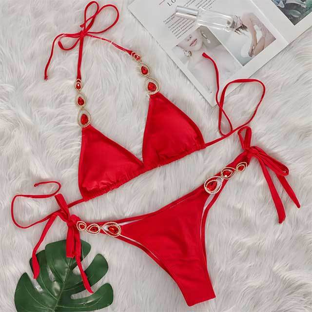 Luxury Crystal Diamond Laced Up Swimsuit Set