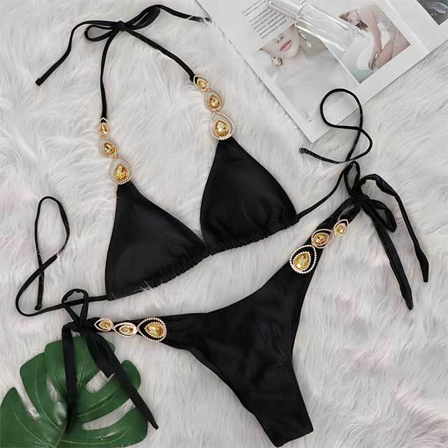 Luxury Crystal Diamond Laced Up Swimsuit Set