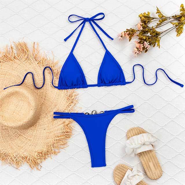 Diamond Decoration Laced Up Bikinis Set