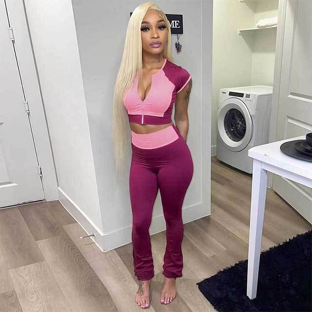Color Block Zipper Up Crop Top Bell Pant Set