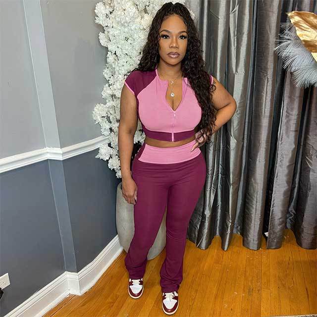 Color Block Zipper Up Crop Top Bell Pant Set