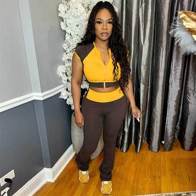 Color Block Zipper Up Crop Top Bell Pant Set