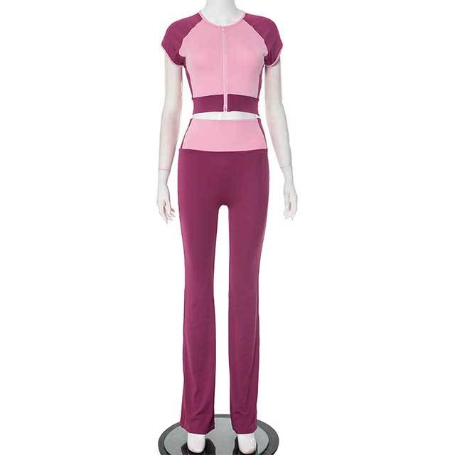 Color Block Zipper Up Crop Top Bell Pant Set