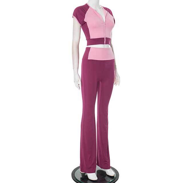 Color Block Zipper Up Crop Top Bell Pant Set