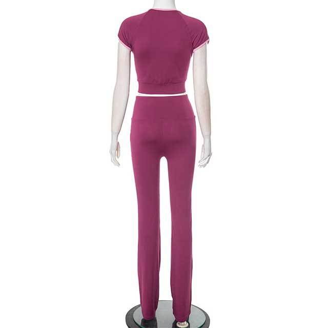 Color Block Zipper Up Crop Top Bell Pant Set