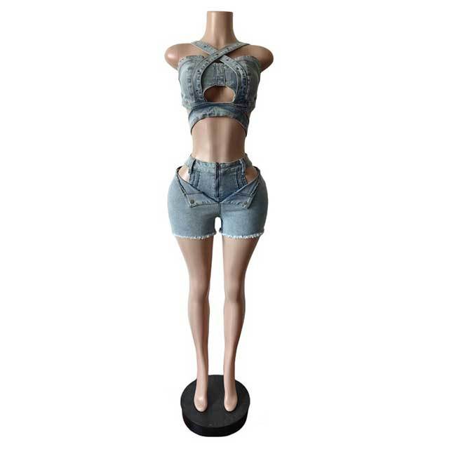 Halter Neck Hollow Out Belted Crop Top Washed Denim Short Set