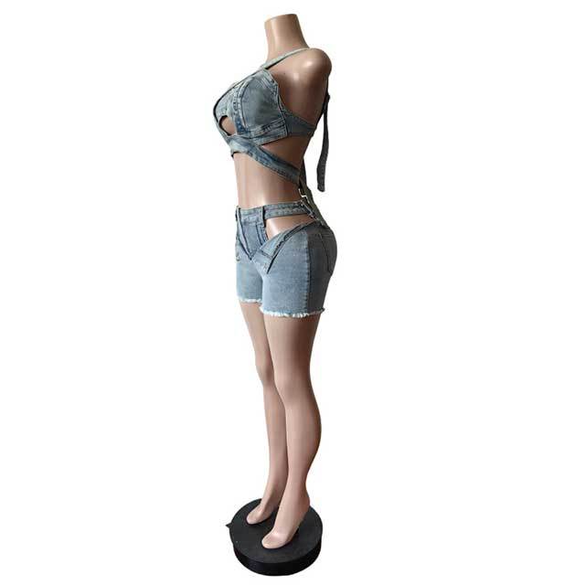 Halter Neck Hollow Out Belted Crop Top Washed Denim Short Set