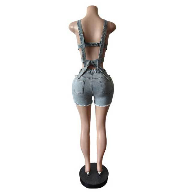 Halter Neck Hollow Out Belted Crop Top Washed Denim Short Set