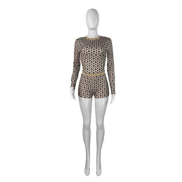 Long Sleeve Printed Knitting Slim Two Pieces Short Set