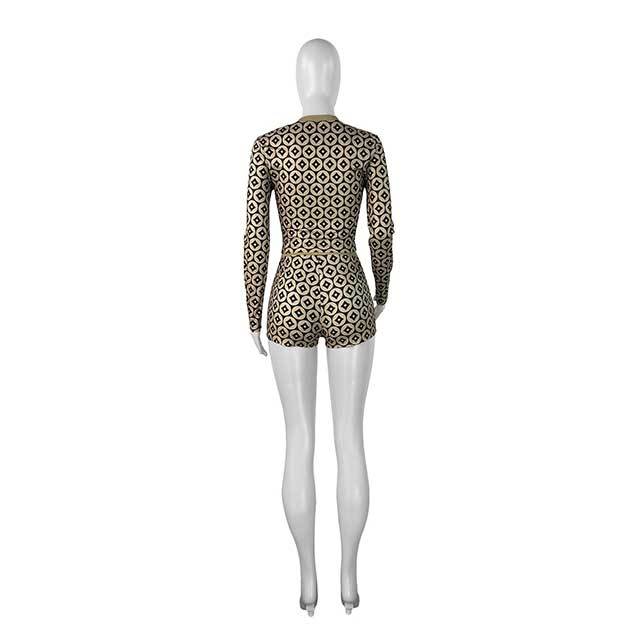 Long Sleeve Printed Knitting Slim Two Pieces Short Set