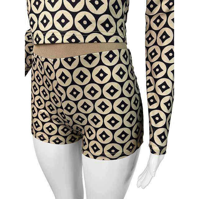 Long Sleeve Printed Knitting Slim Two Pieces Short Set