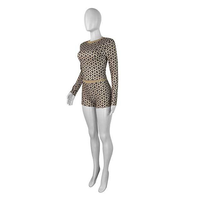 Long Sleeve Printed Knitting Slim Two Pieces Short Set