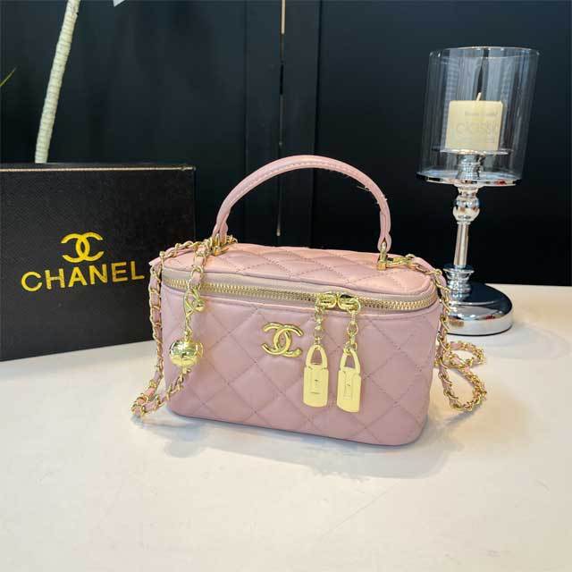 Metal Logo Leather Chained Crossbody Makeup Bag