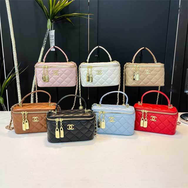 Metal Logo Leather Chained Crossbody Makeup Bag