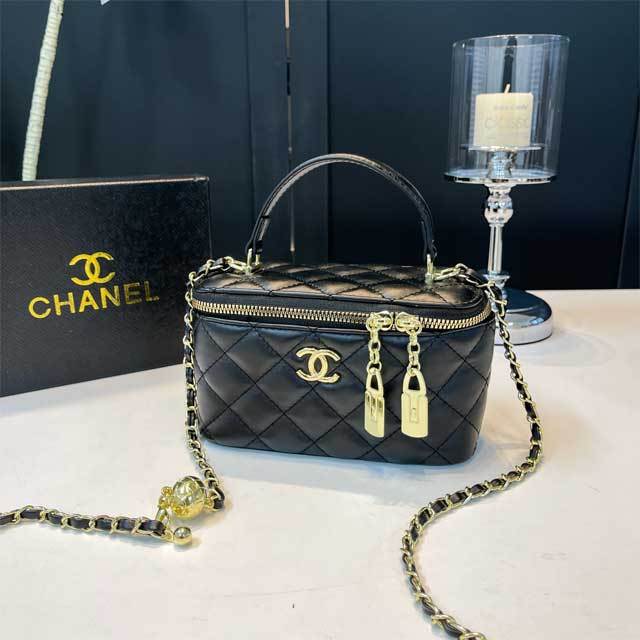 Metal Logo Leather Chained Crossbody Makeup Bag