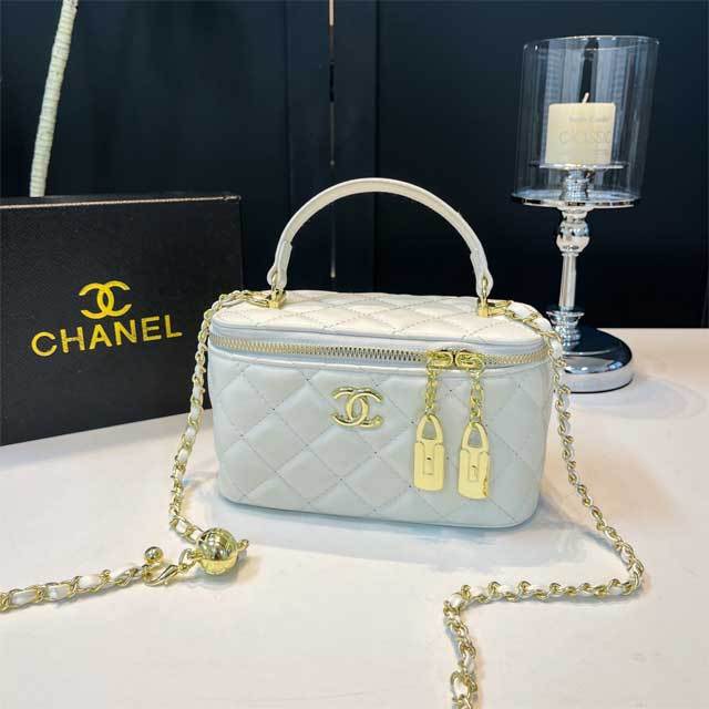 Metal Logo Leather Chained Crossbody Makeup Bag