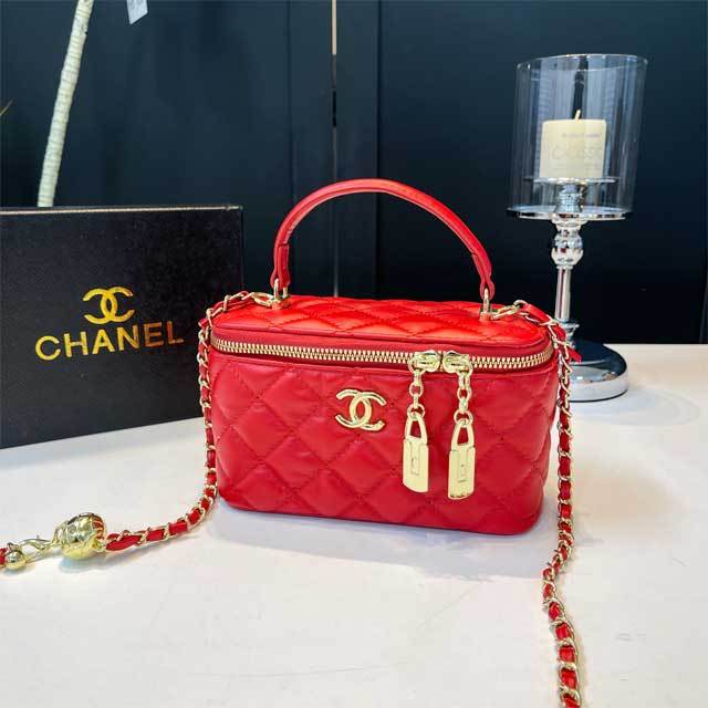 Metal Logo Leather Chained Crossbody Makeup Bag