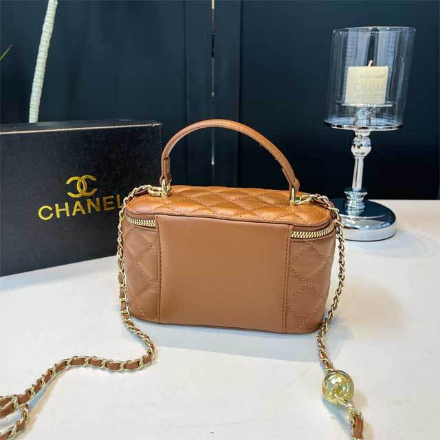 Metal Logo Leather Chained Crossbody Makeup Bag