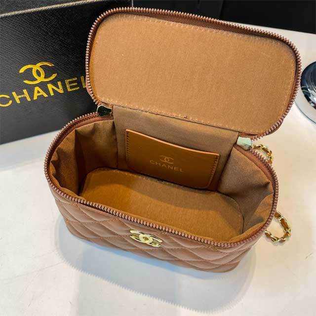 Metal Logo Leather Chained Crossbody Makeup Bag