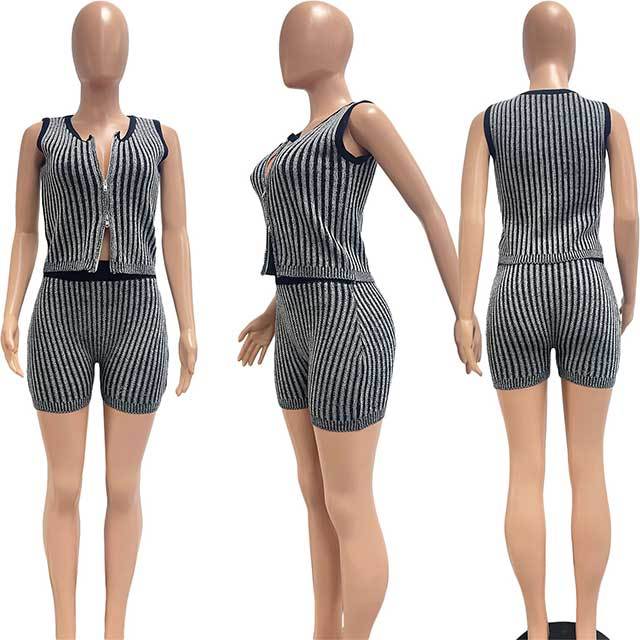Striped Knitting Zipper UP Tank Top Slim Short Set