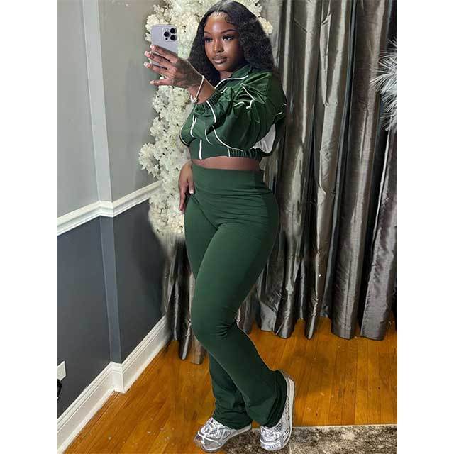 Color Block Zipper Top Two Pieces Bell Pant Set