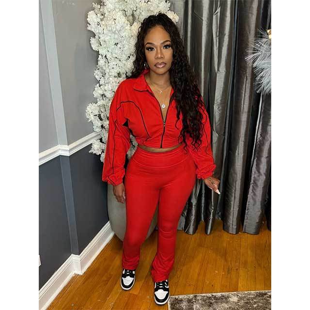 Color Block Zipper Top Two Pieces Bell Pant Set