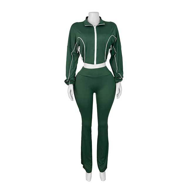 Color Block Zipper Top Two Pieces Bell Pant Set