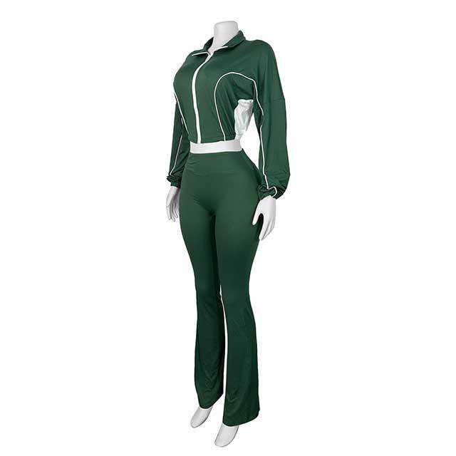 Color Block Zipper Top Two Pieces Bell Pant Set