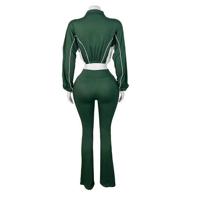 Color Block Zipper Top Two Pieces Bell Pant Set