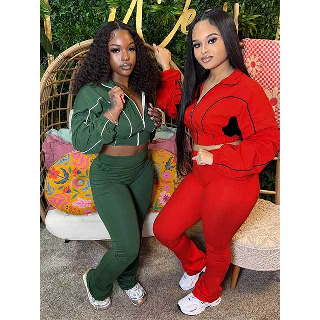 Color Block Zipper Top Two Pieces Bell Pant Set