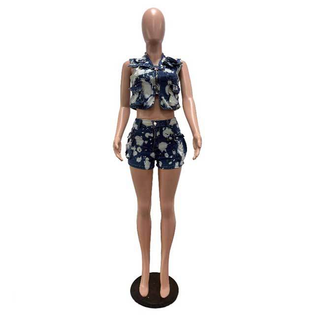 Printed Zipped Up Tank Top 2 Pieces Denim Short Set