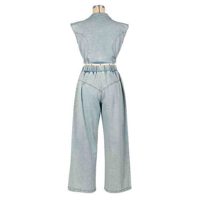 Zipper Up Crop Top Wide Legs Denim Pants Set