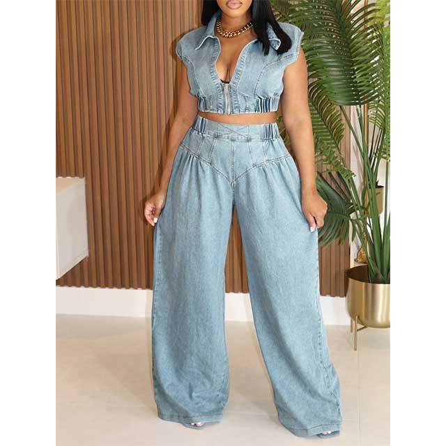 Zipper Up Crop Top Wide Legs Denim Pants Set