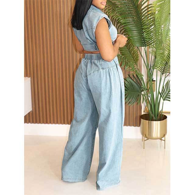 Zipper Up Crop Top Wide Legs Denim Pants Set