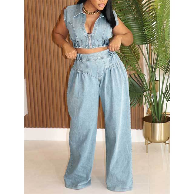 Zipper Up Crop Top Wide Legs Denim Pants Set